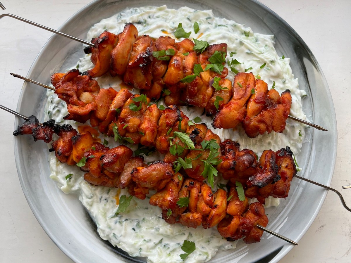 Honey Harissa Chicken Skewers with Tzatziki